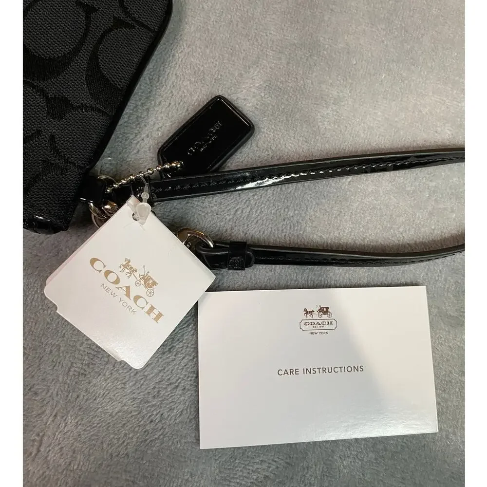 Coach Corner Zip Wristlet Black Signature Canvas Silver Wallet Small Classic NWT